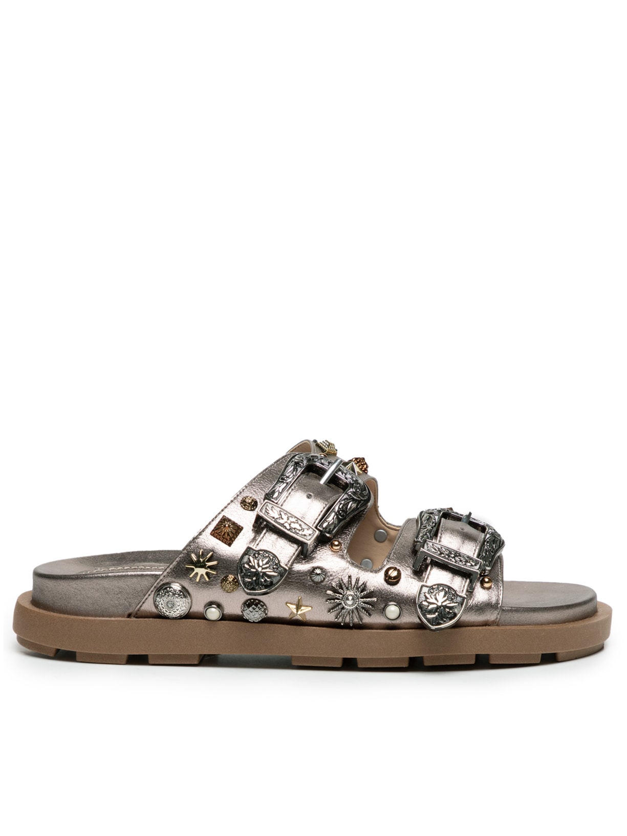 Sandália Feminina Rasteira Fivela Com Rebites - Prata