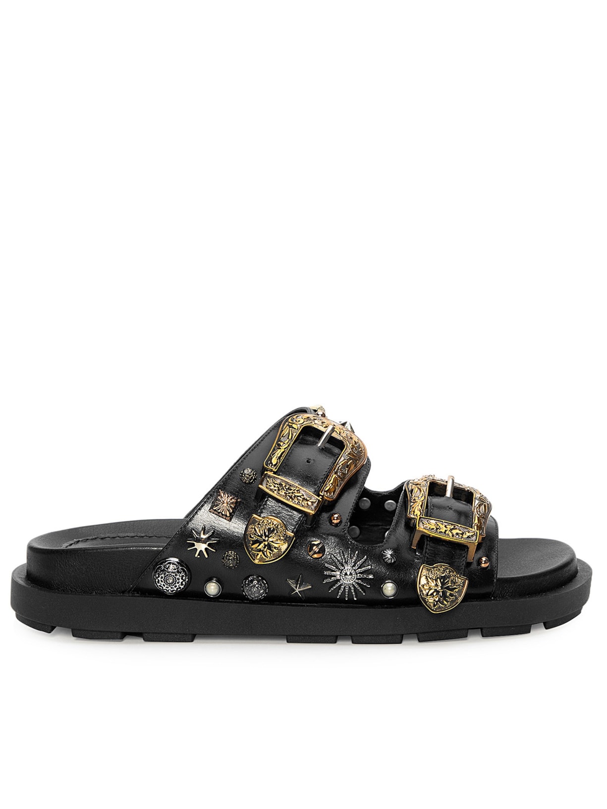 Sandália Feminina Rasteira Fivela Com Rebites - Preto