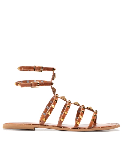 Sandália Feminina Rasteira Gladiadora Em Couro Com Tachas - Marrom