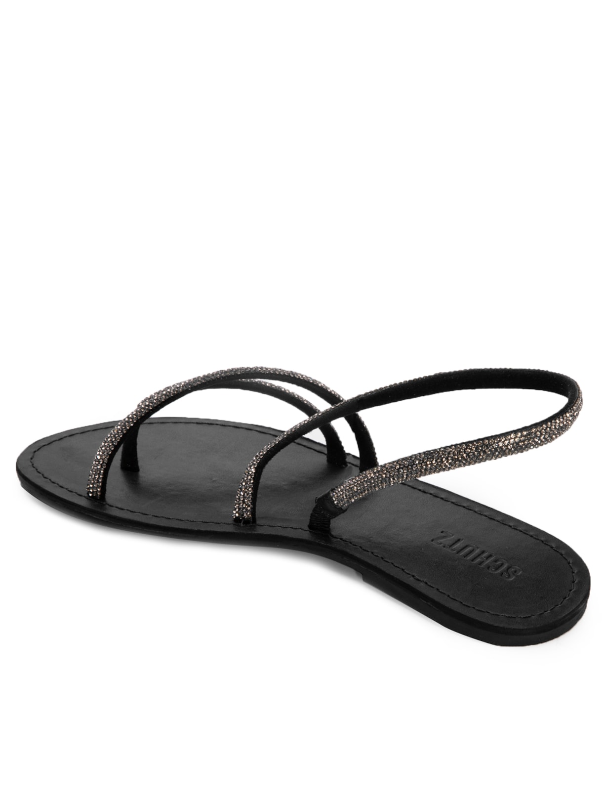 Sandália Feminina Rasteira Julia Tiras Pedraria Preto Schutz