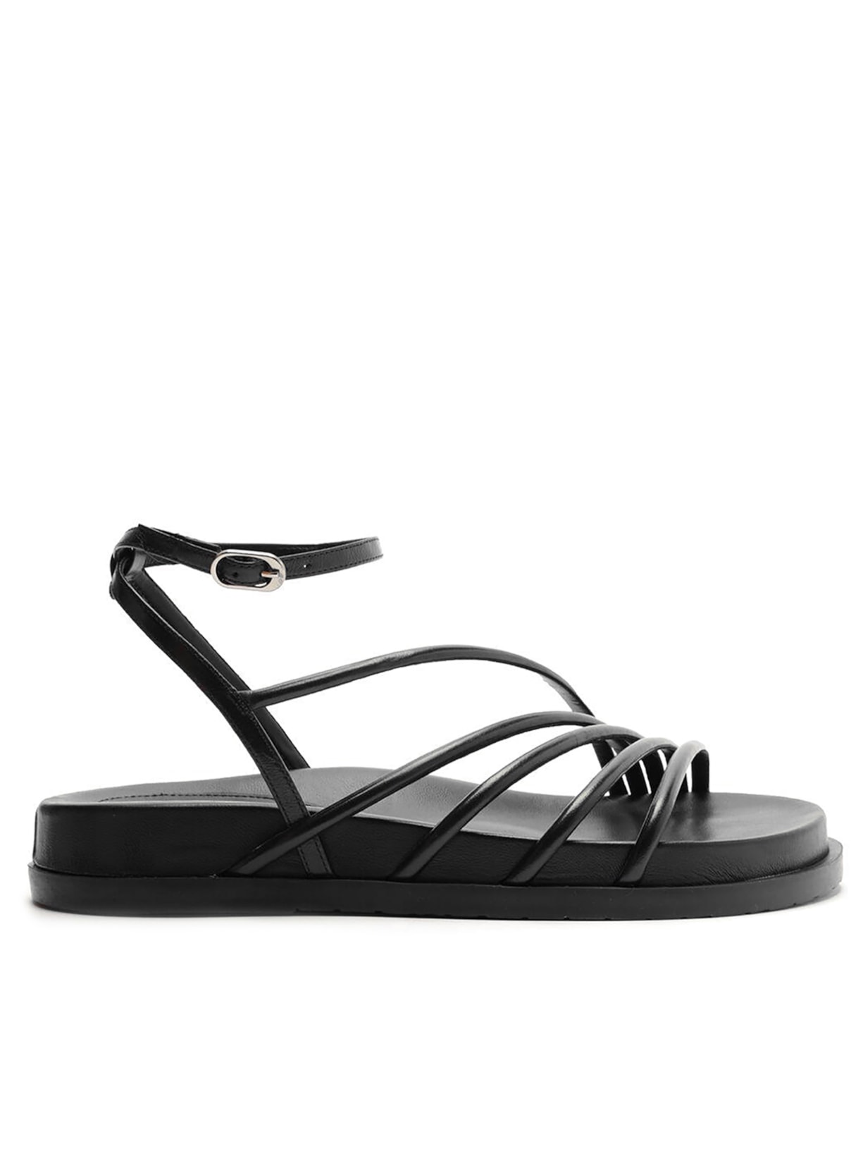 Sandália Feminina Rasteira Preta Couro Tiras Diagonais - Preto