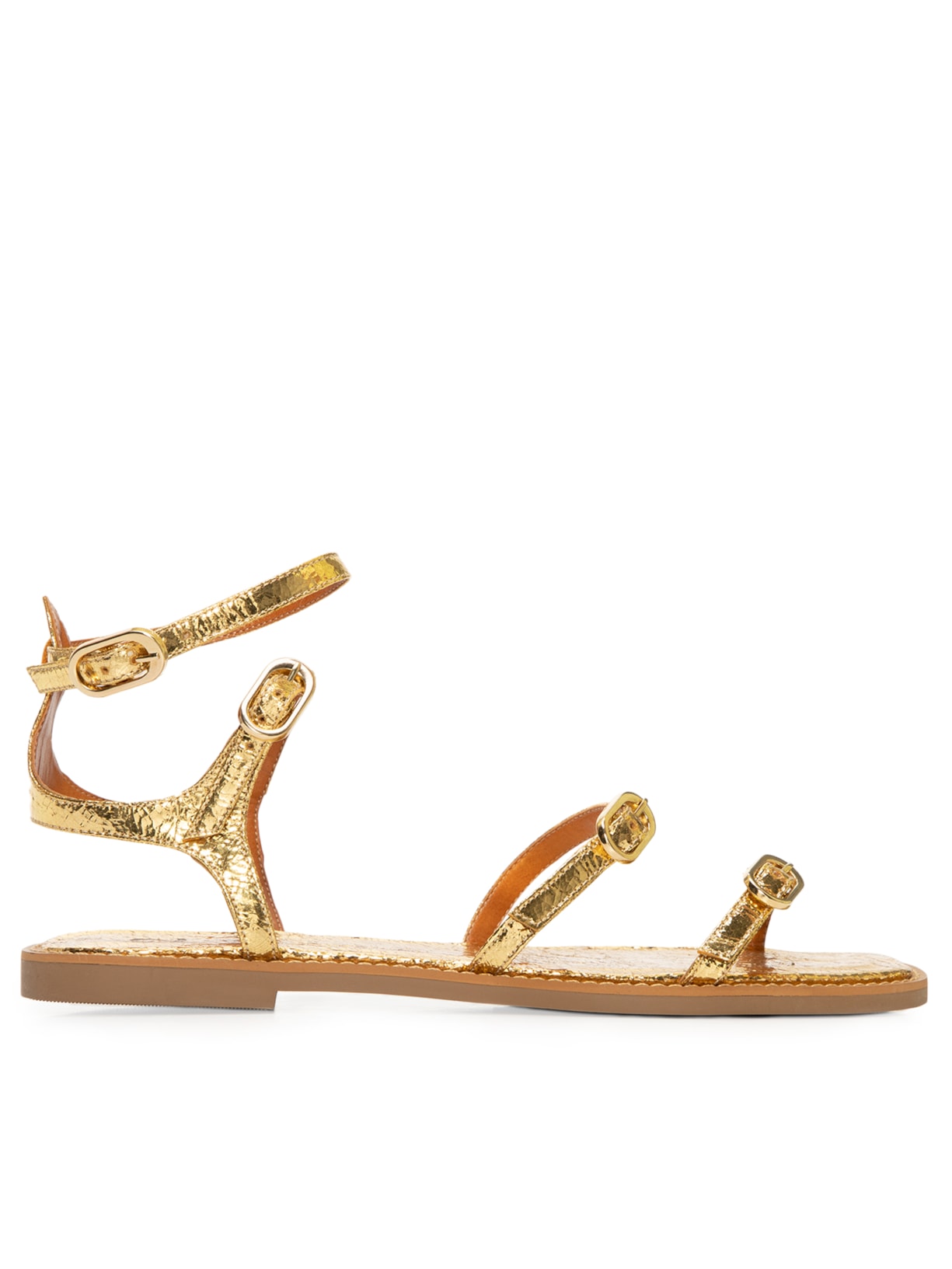 Sandália Feminina Rasteira Quadrada Em Couro Tiras - Dourado