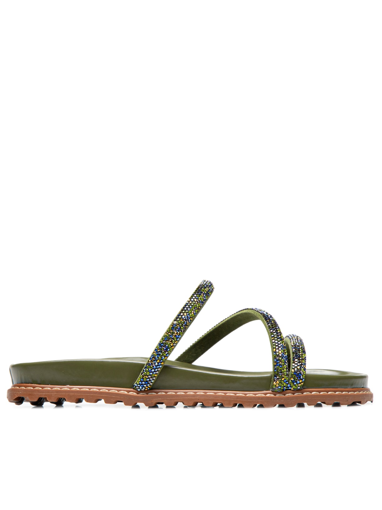 Sandália Feminina Rasteira Tiras Cristais Olivia - Verde