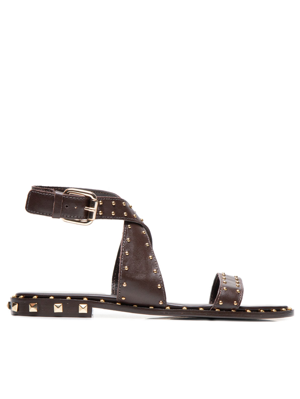 Sandália Feminina Rasteira Tiras Cruzadas Rebites - Marrom