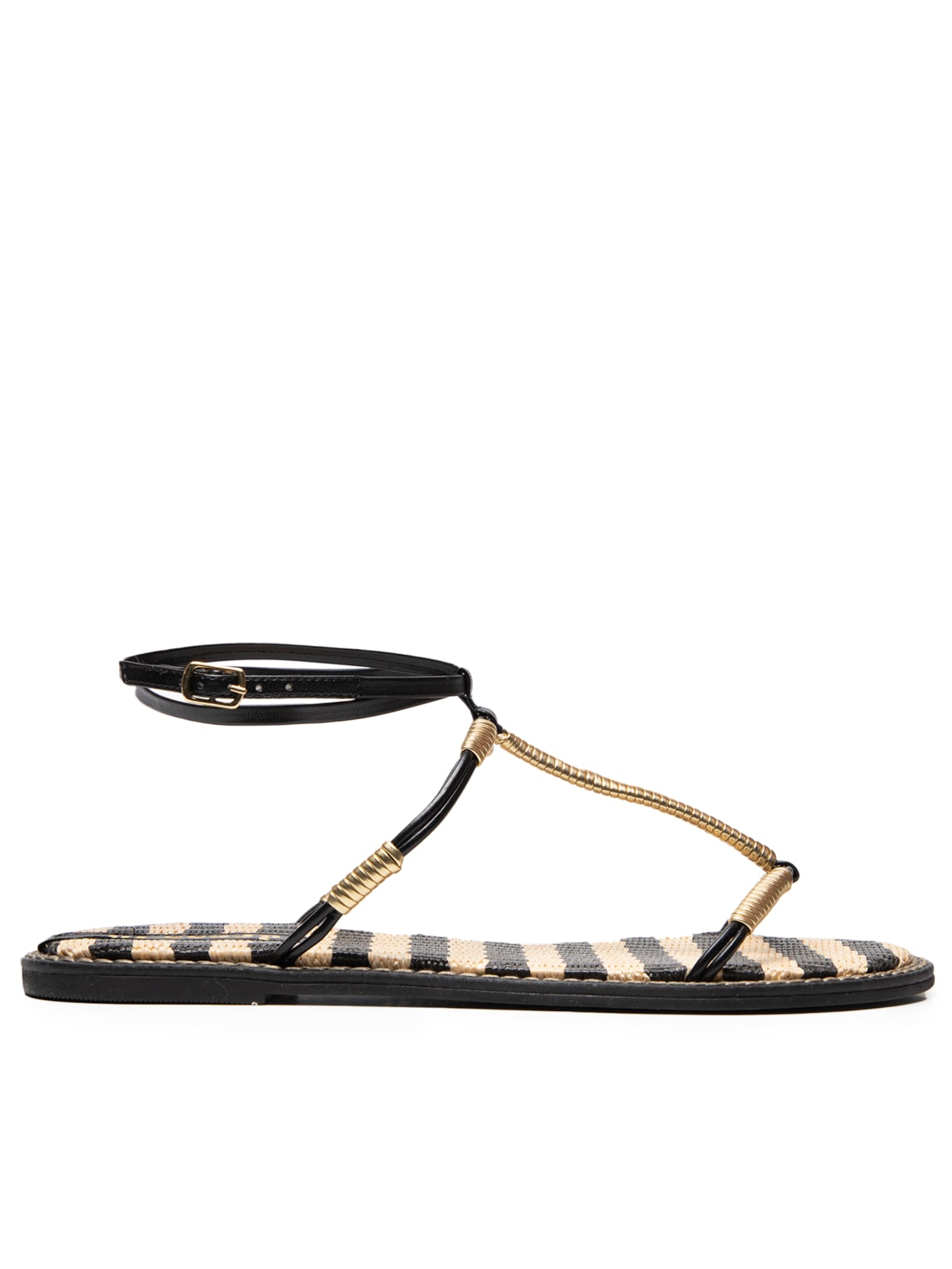 Sandália Feminina Rasteira Tirinhas Ráfia Listra - Preto