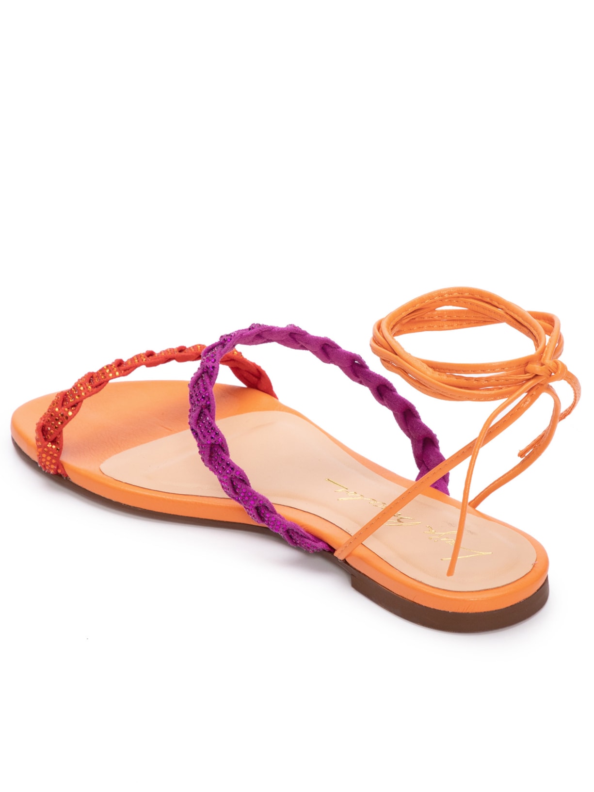 Sandália Feminina Rasteira Tranças Camurça Hotfix Laranja Luiza Barcelos