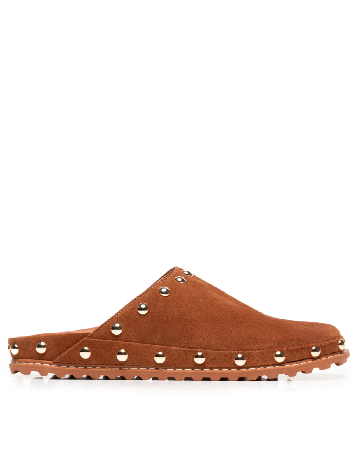 Sandália Feminina Sabot Em Camurça Caramelo Com Studs - Bege