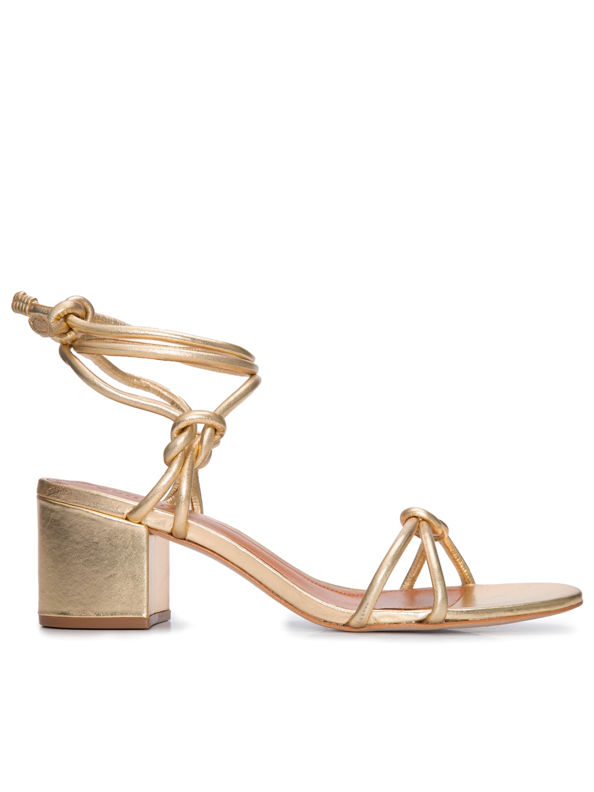 Sandália Feminina Salto Bloco Couro Amarração Knot - Dourado