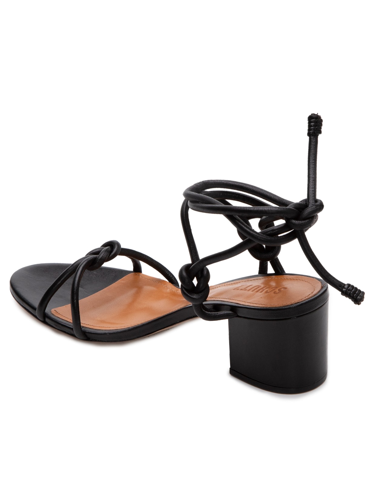 Sandália Feminina Salto Bloco Couro Amarração Knot Preto Schutz