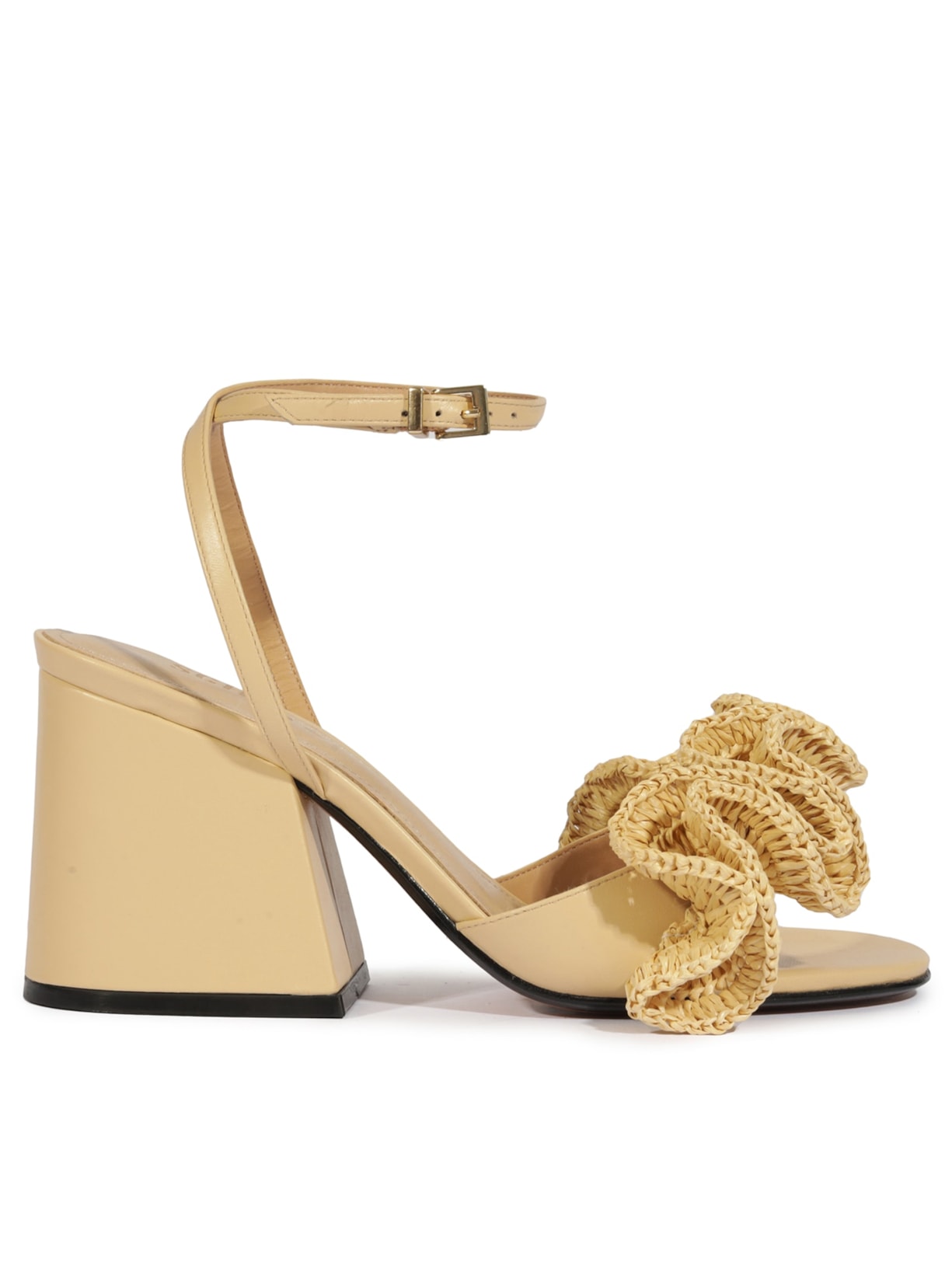 Sandália Feminina Salto Bloco Couro Ráfia - Amarelo