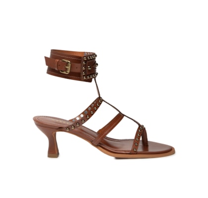 Sandália Feminina Salto Com Tachas - Marrom