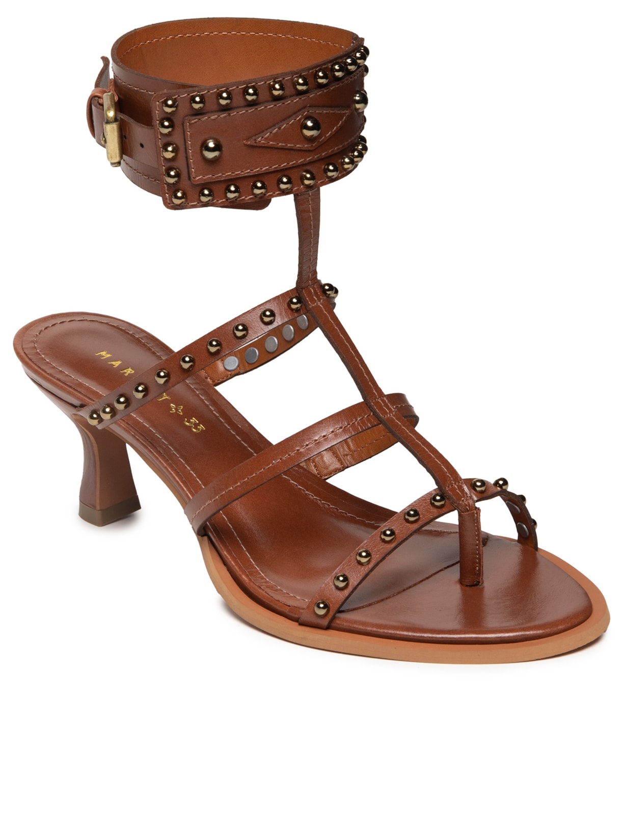 Sandália Feminina Salto Com Tachas Marrom Market 33