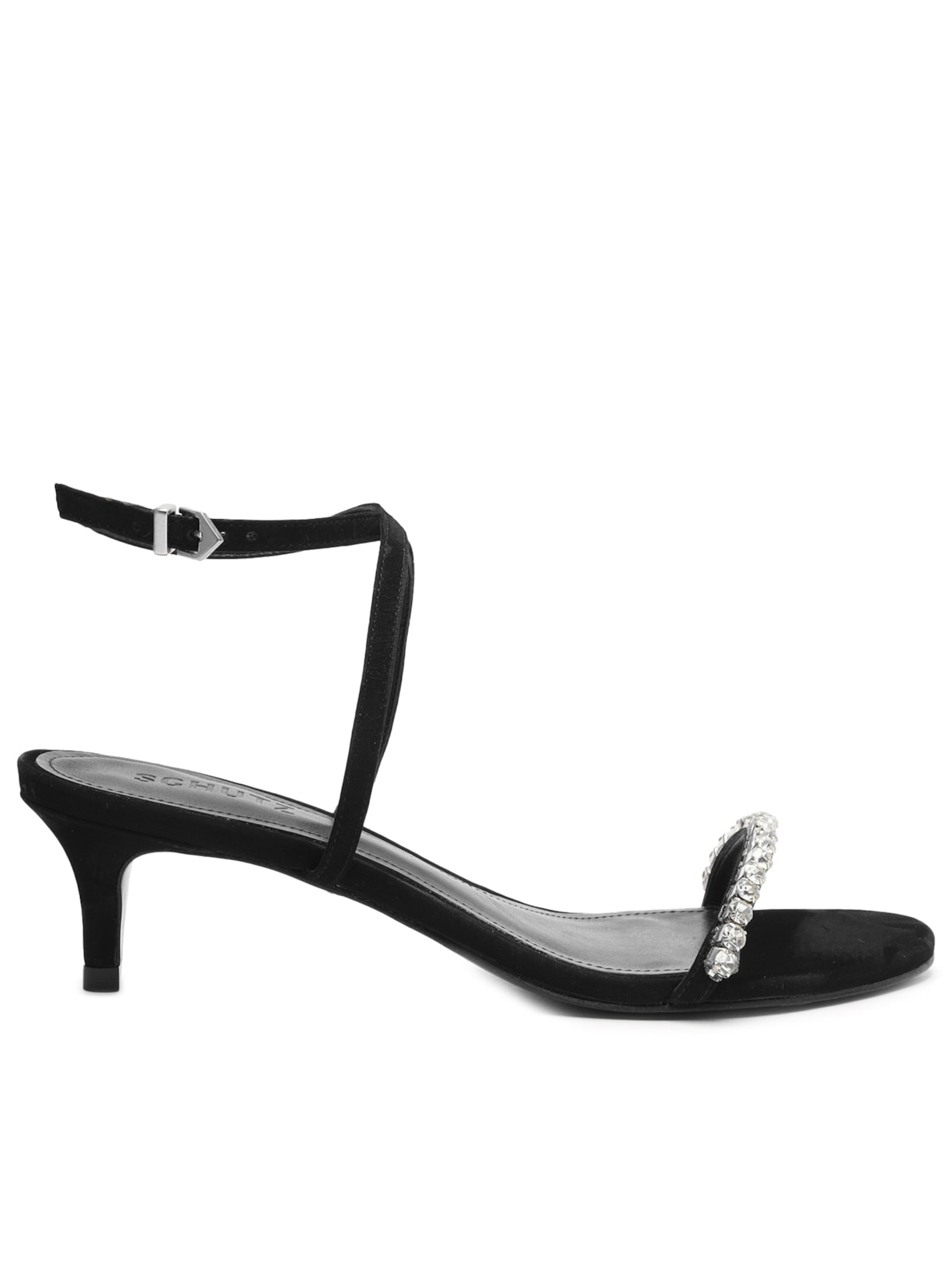 Sandália Feminina Salto Mid Camurça Pedraria - Preto