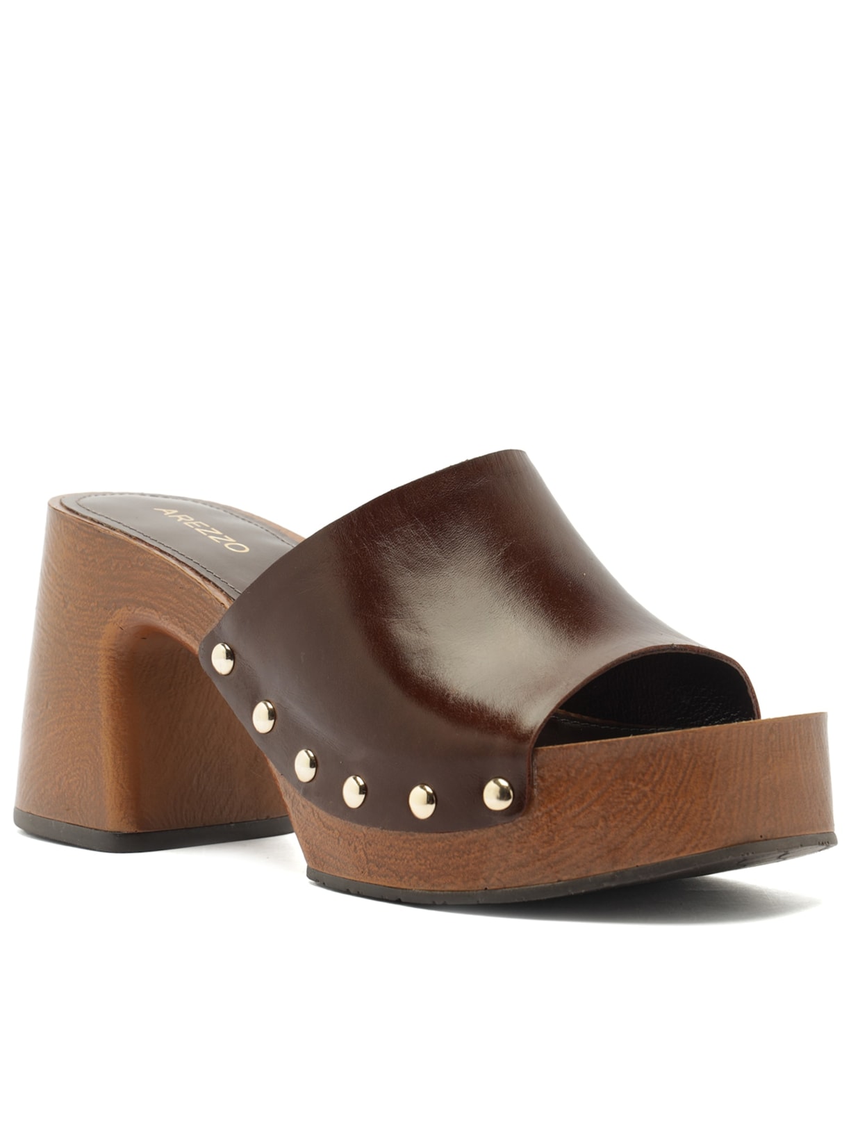 Sandália Feminina Tamanco Couro Meia Pata Madeira Marrom Arezzo