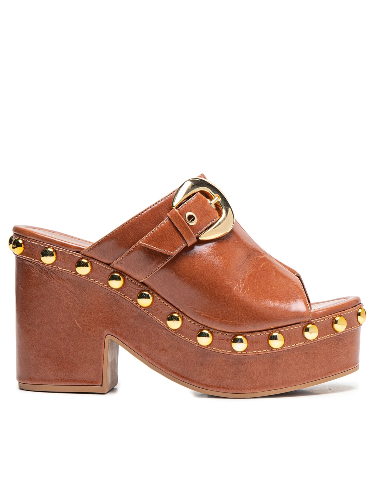 Sandália Feminina Tamanco em Couro com Tachas e Fivela - Marrom