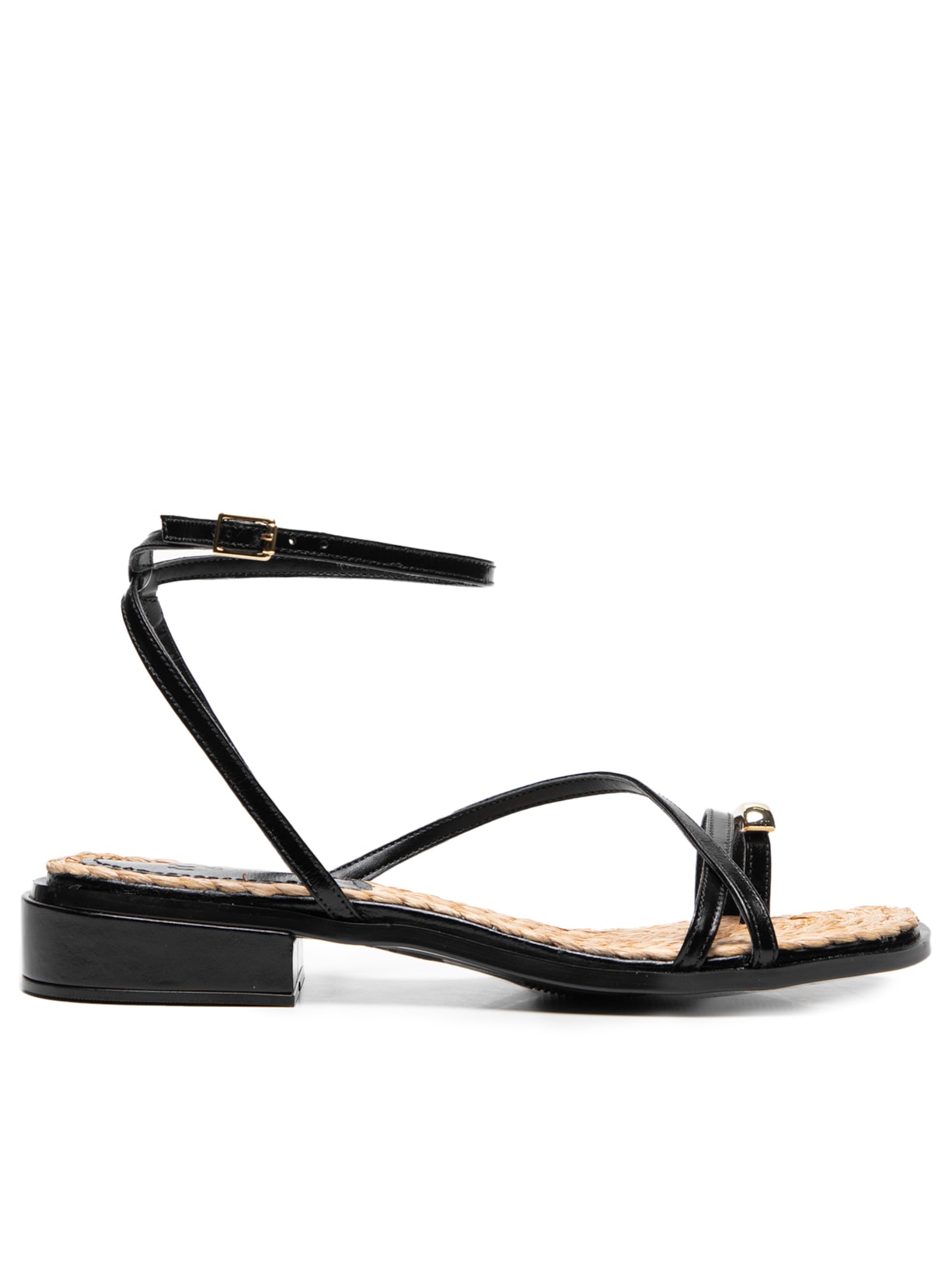 Sandália Feminina Tiras Em Couro Palmilha Em Palha - Preto