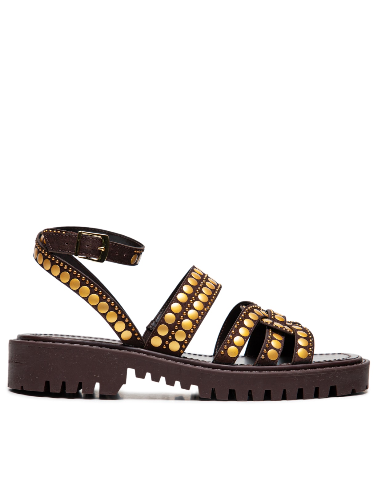 Sandália Feminina Tratorada Em Camurça Com Mix De Rebites - Marrom