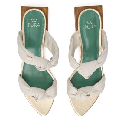 Sandália Flat Leticia Couro Champagne e Off White