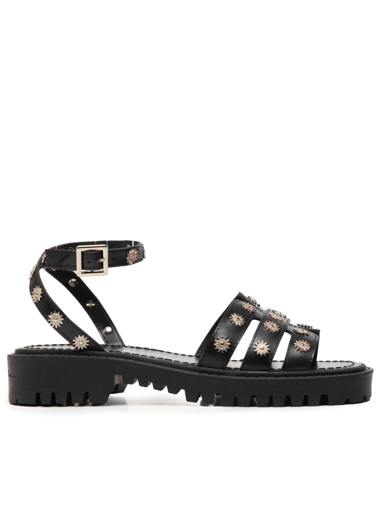 Sandália Flat Tratorada Tiras Rebite - Preto