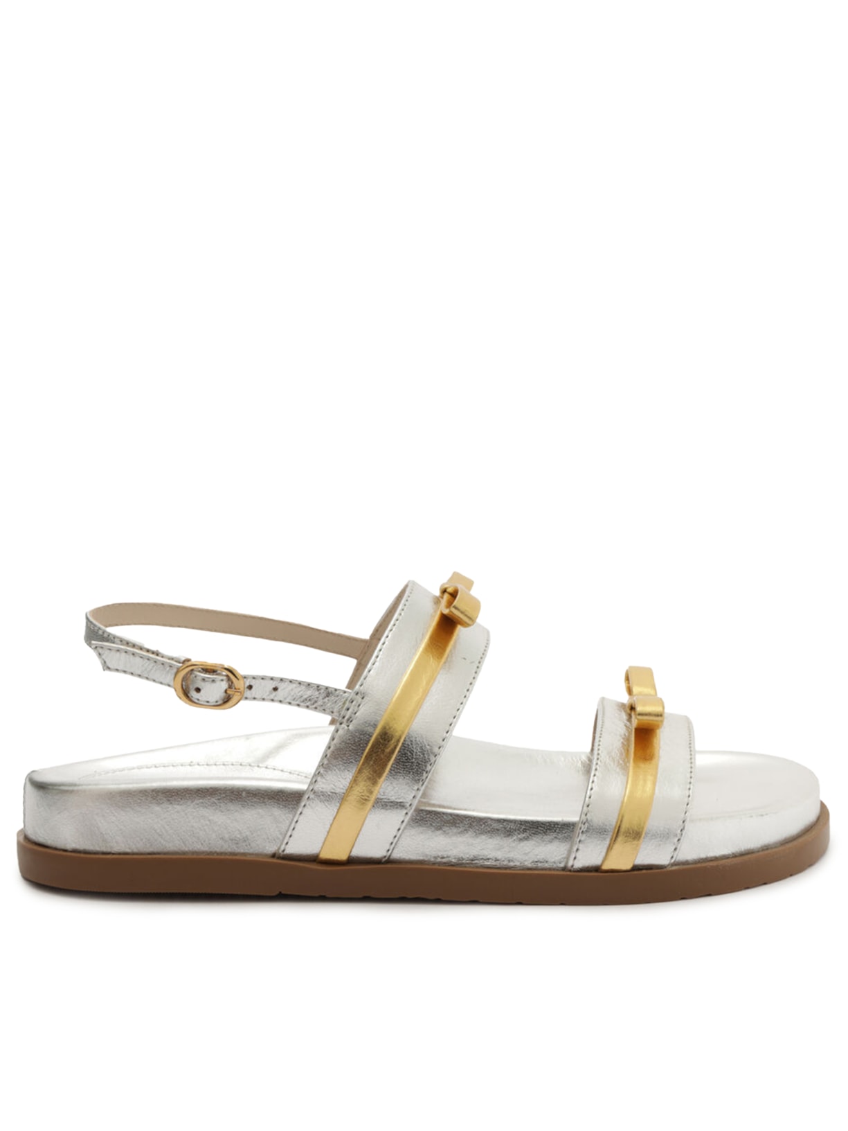 Sandália Papete Couro Bicolor Laços - Prata