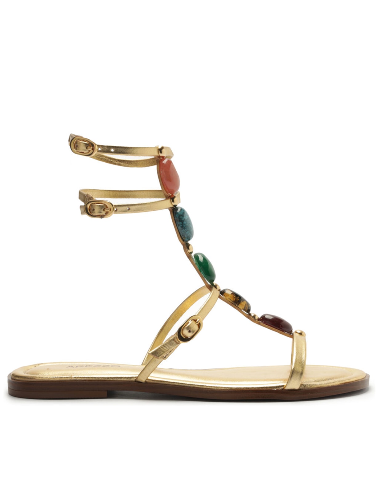 Sandália Rasteira Couro Pedras Boho - Dourado