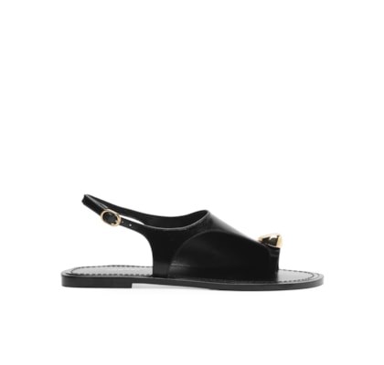 Sandália Rasteira Couro Semi Coberta Metal Bold - Preto