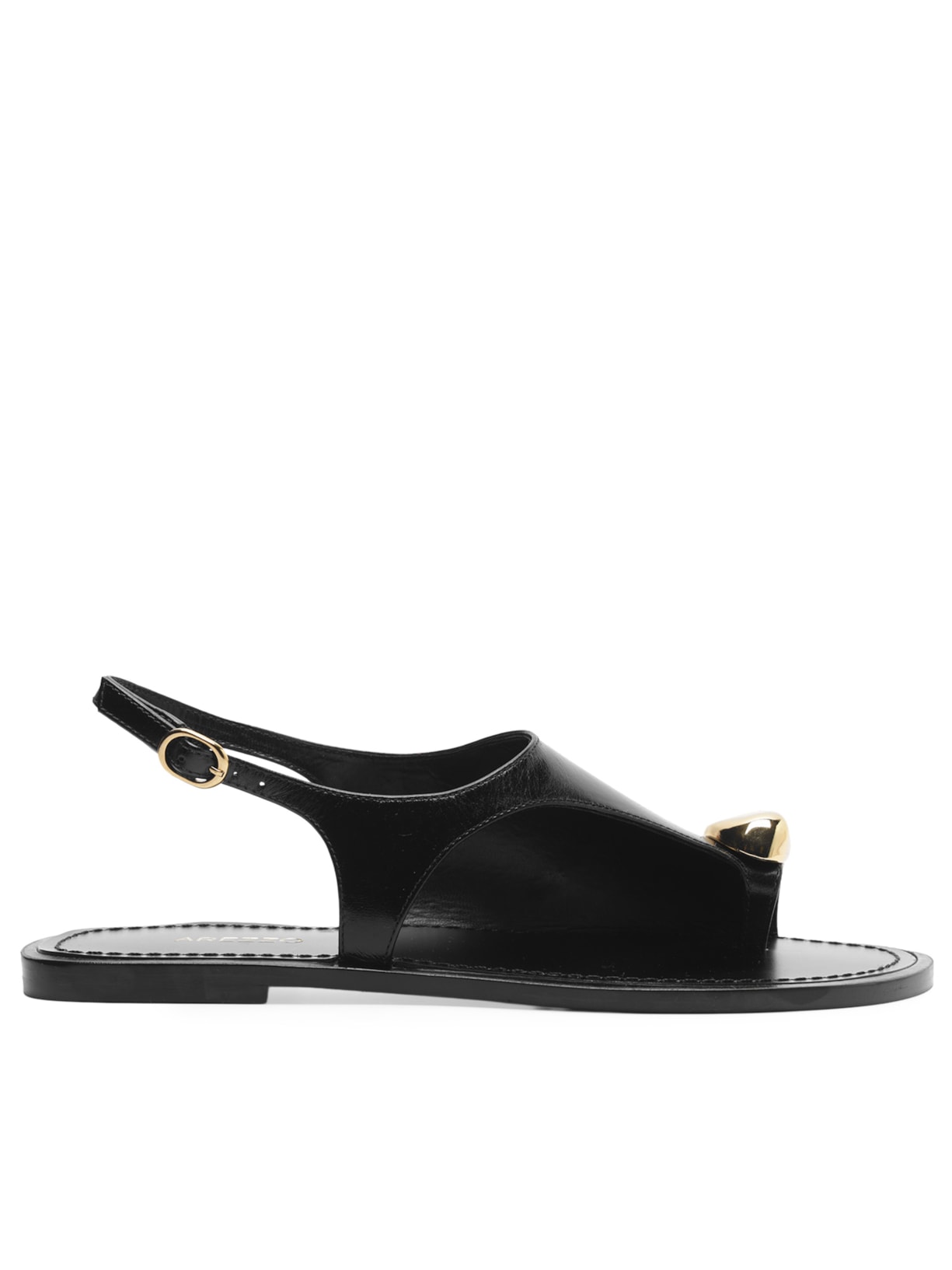 Sandália Rasteira Couro Semi Coberta Metal Bold - Preto