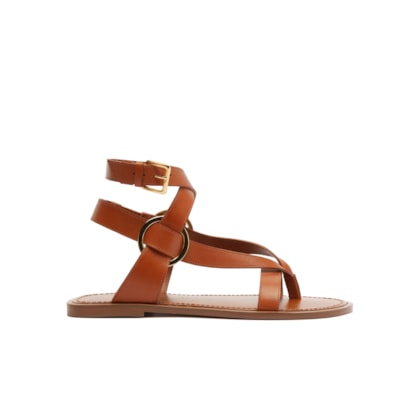 Sandália Rasteira Feminina Couro Tiras Largas - Marrom