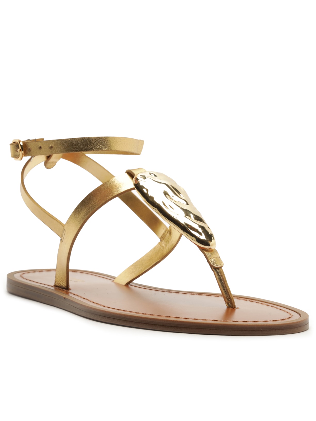 Sandália Rasteira Feminina Leather Metal Dourado Arezzo