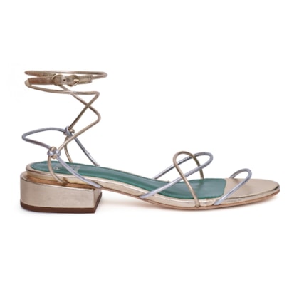 Sandália Salto Baixo Couro Cloe Champagne e Prata