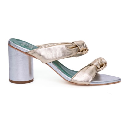 Sandália Salto Leticia Couro Champagne e Prata