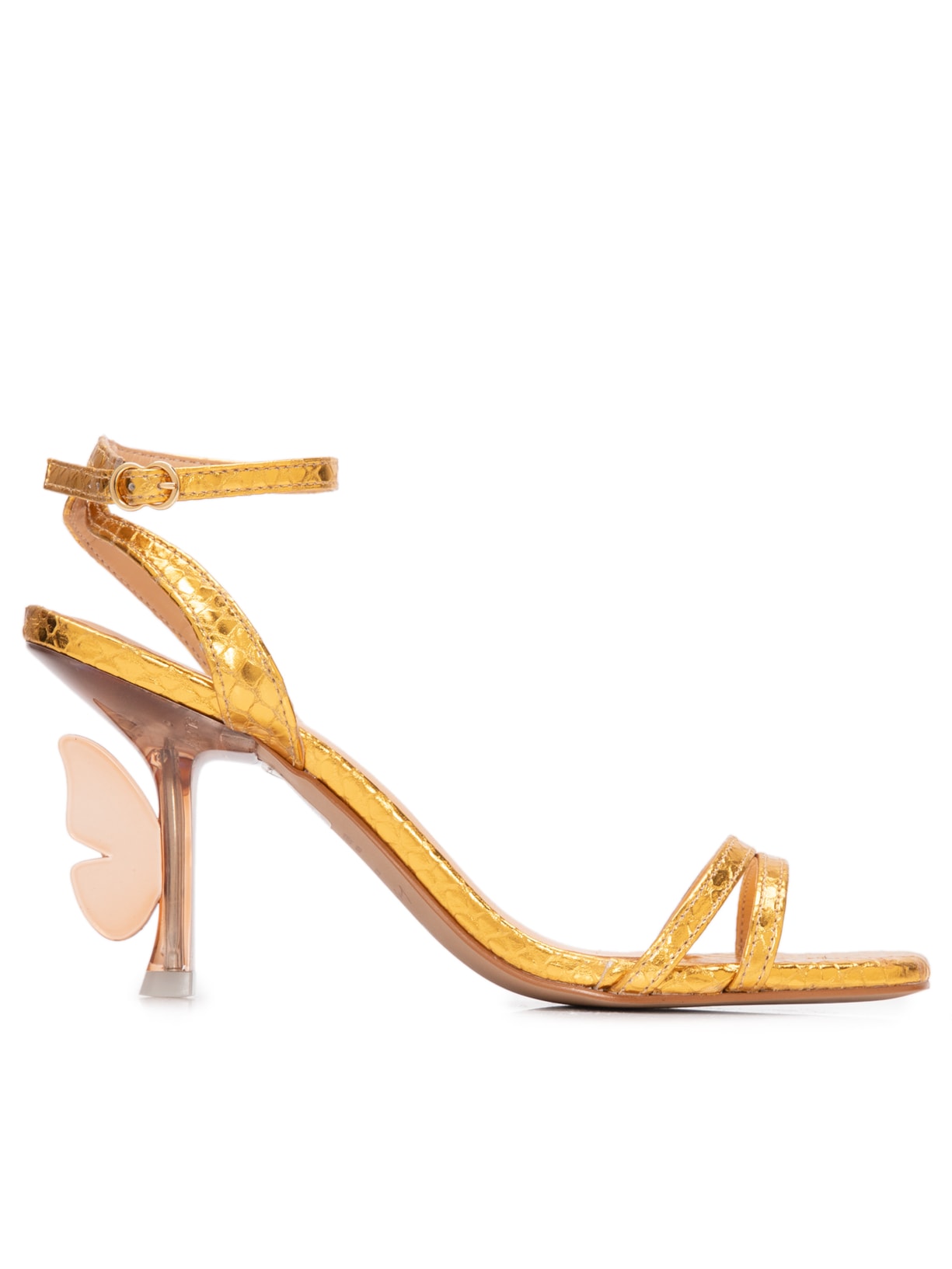 Sandália Salto Médio Borboleta Metal - Dourado