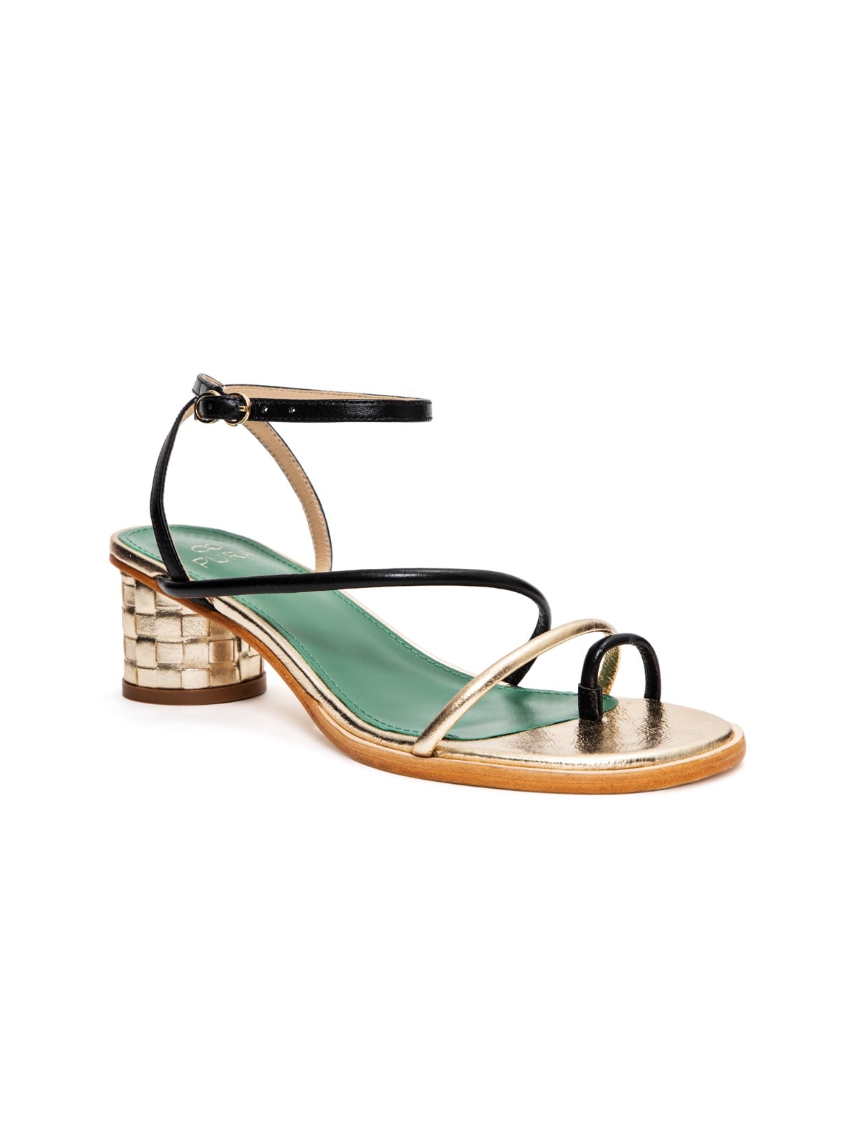 Sandália Salto Médio Tressê Celeste Preto e Champagne Pura