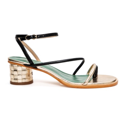 Sandália Salto Médio Tressê Celeste Preto e Champagne