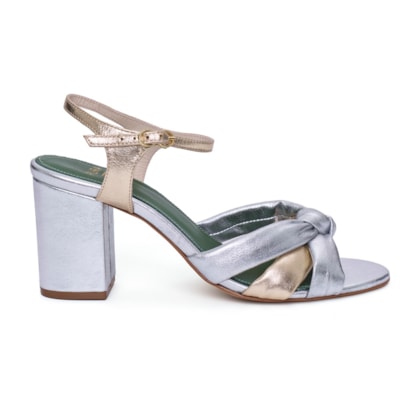 Sandália Salto Nó Couro Tereza Champagne e Prata