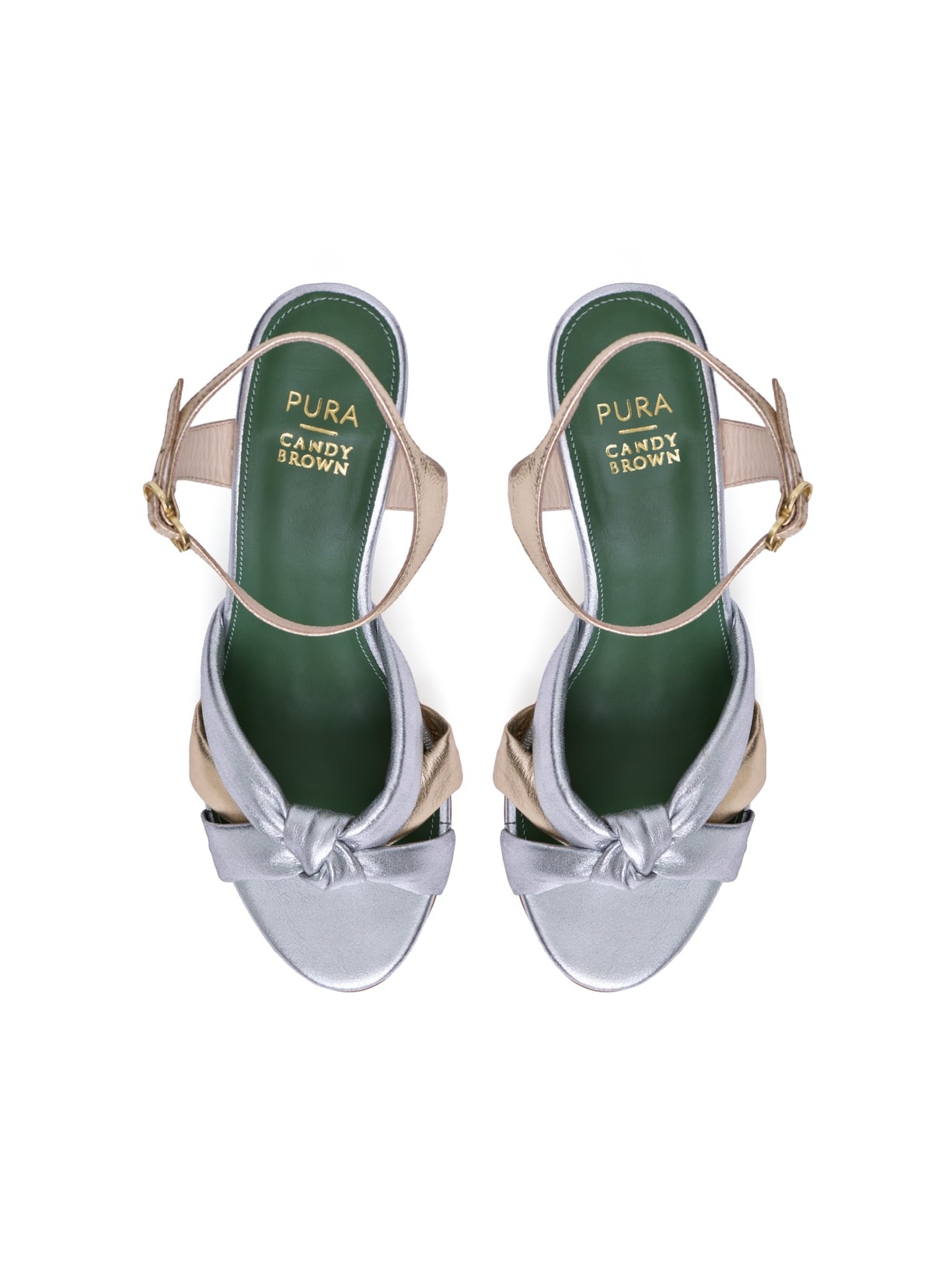 Sandália Salto Nó Couro Tereza Champagne e Prata Pura