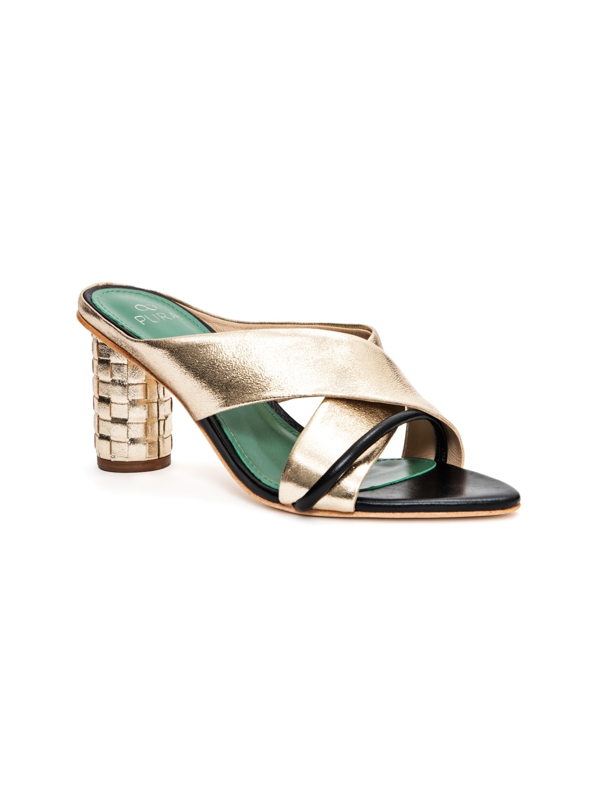 Sandália Salto Tressê Celeste Preto e Champagne Pura