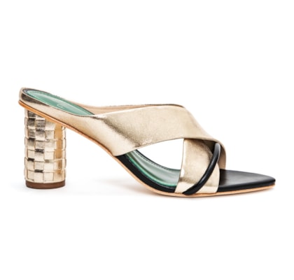 Sandália Salto Tressê Celeste Preto e Champagne