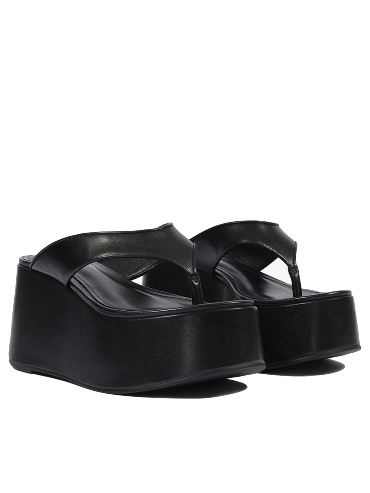 Sandália Tamanco Feminino Plataforma Bico Redondo Tira V Couro Preto Schutz