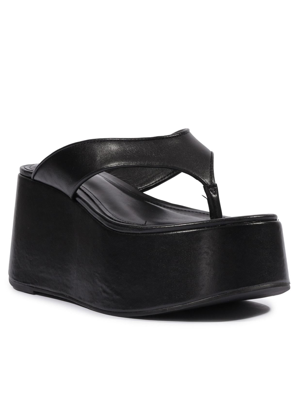 Sandália Tamanco Feminino Plataforma Bico Redondo Tira V Couro Preto Schutz