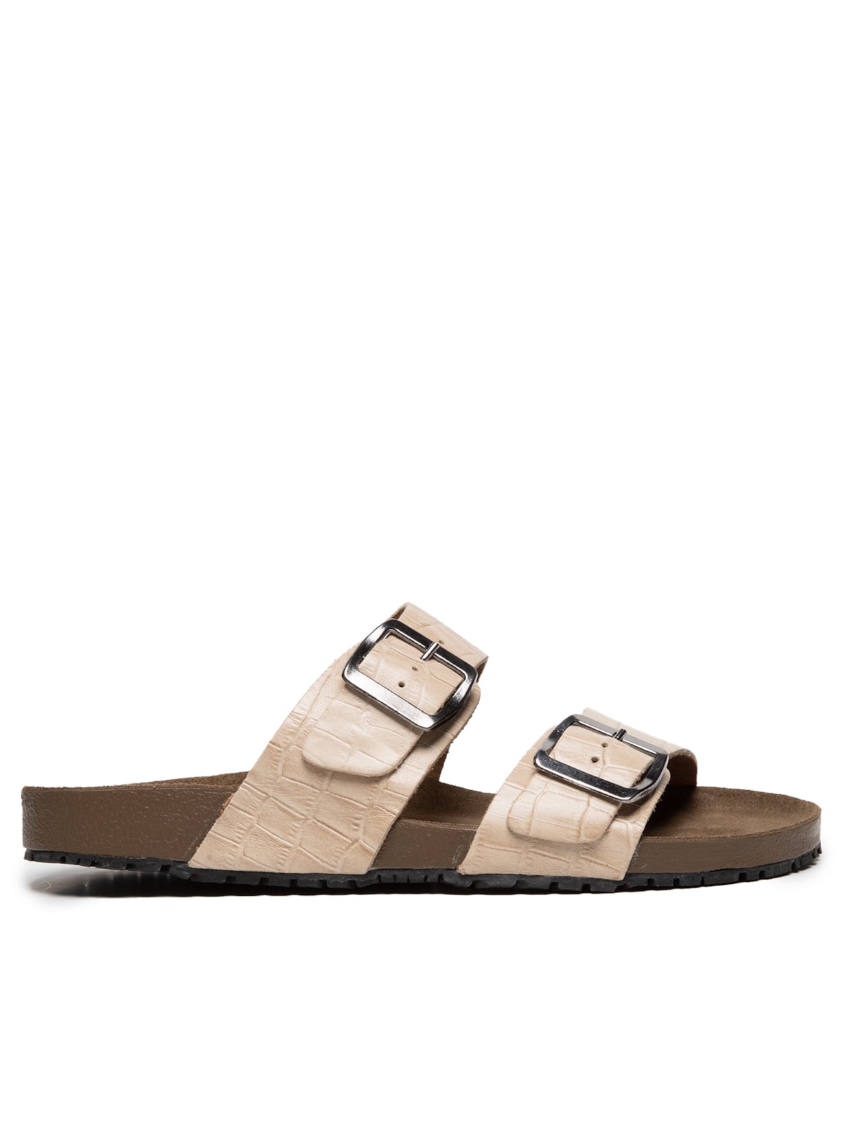 Sandália Unissex De Tiras Em Couro Croco - Bege