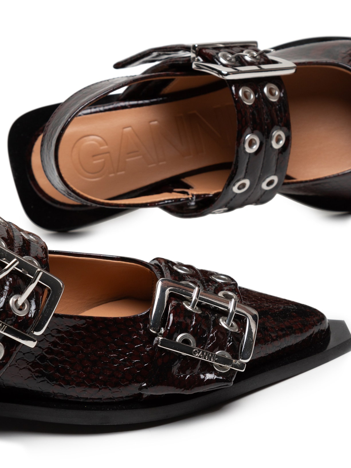 Sapatilha Bucket Ballerina Naplack Snake Marrom Ganni