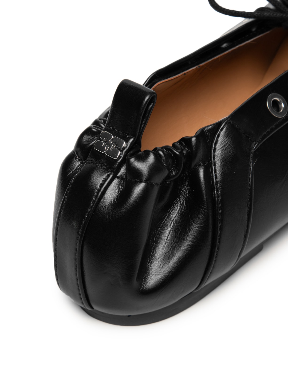 Sapatilha Eyelets Lace Up Ballerina Crinnkle Oleate Preto Ganni