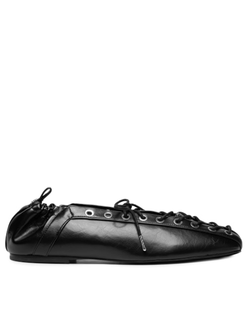 Sapatilha Eyelets Lace Up Ballerina Crinnkle Oleate - Preto