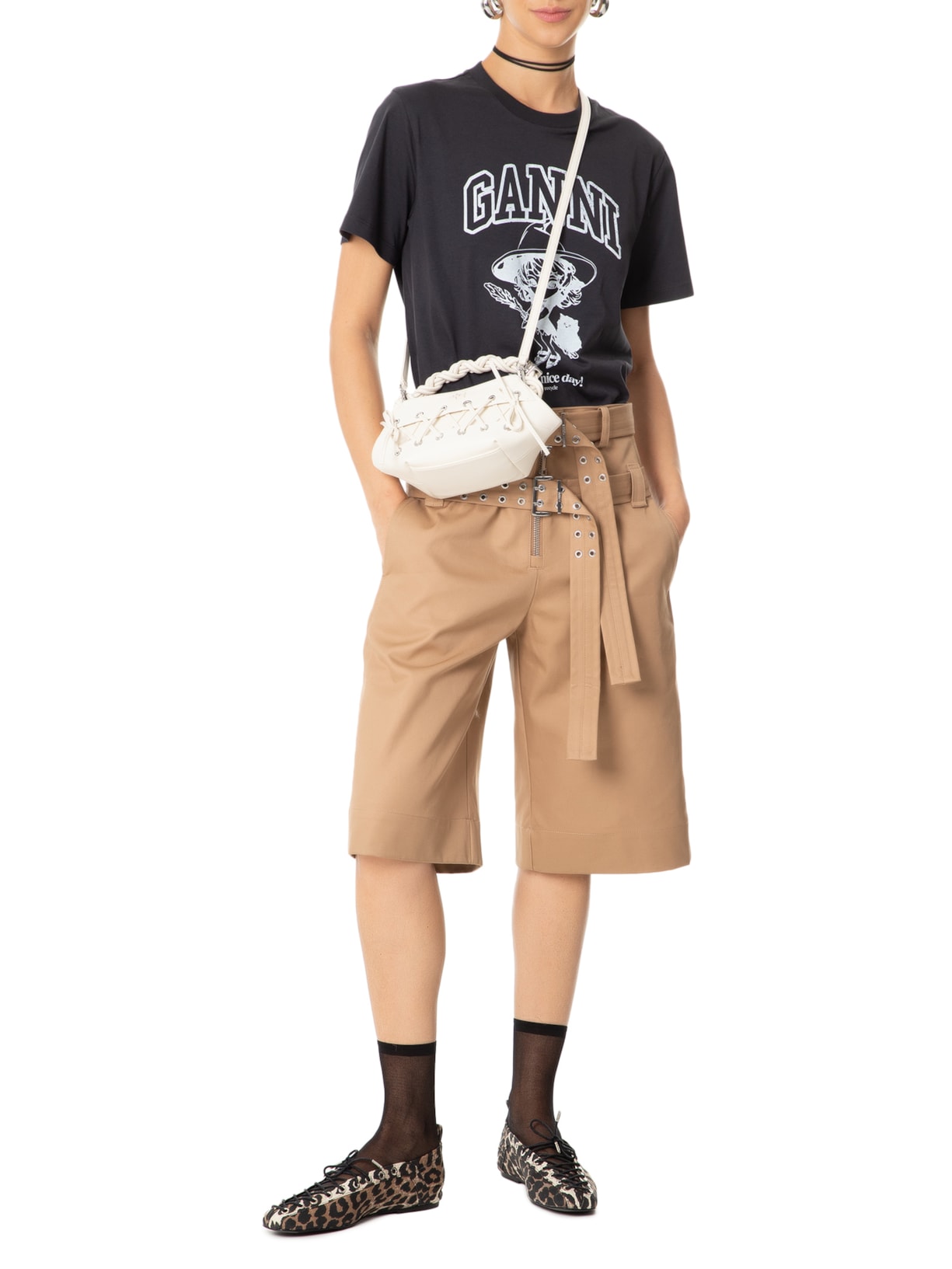 Sapatilha Eyelets Lace Up Ballerina Denim Print Animal Print Ganni