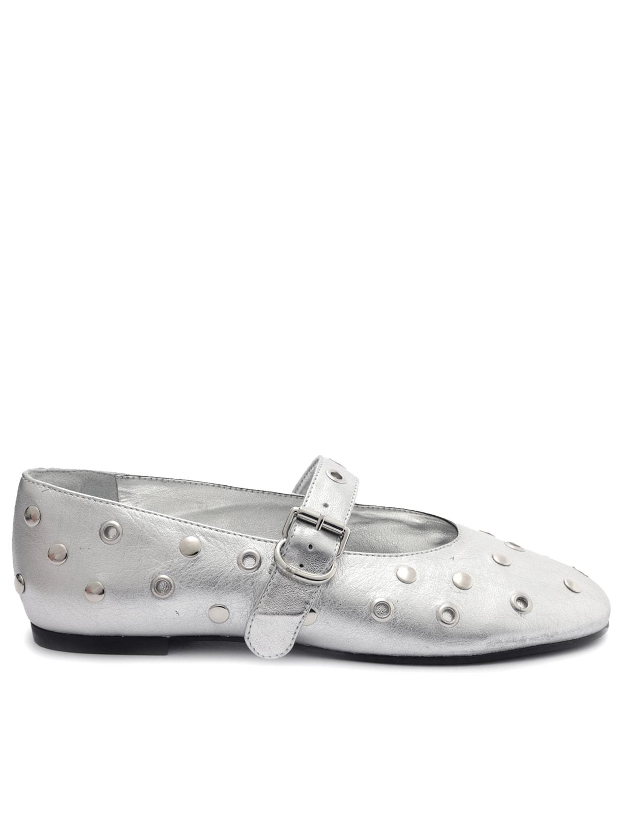 Sapatilha Feminina Boneca Prata Couro Rebites Fivela - Prata