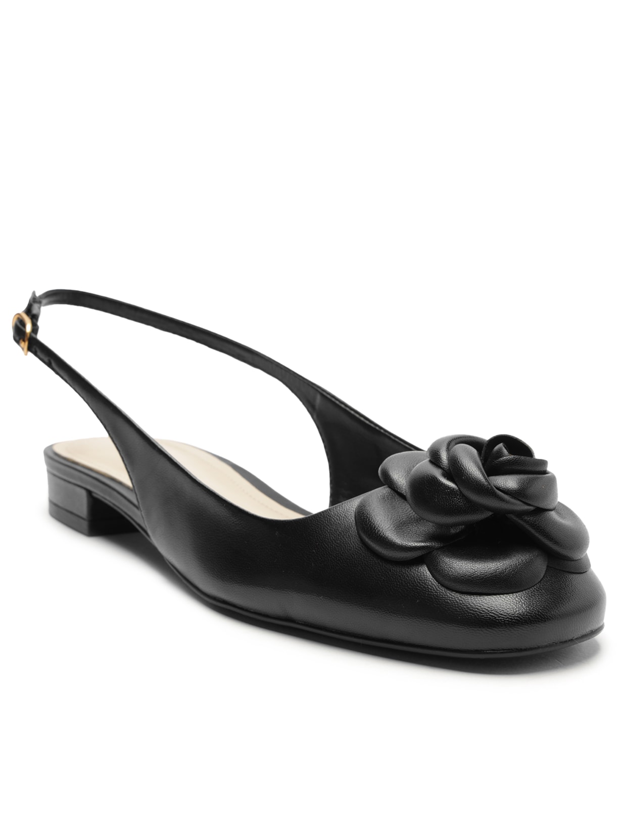 Sapatilha Feminina Couro Slingback Flor - Preto