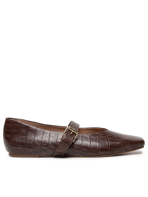 Sapatilha Feminina Em Couro Croco Com Fivela - Marrom