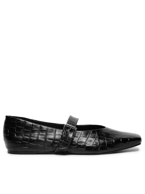 Sapatilha Feminina Em Couro Croco Com Fivela - Preto