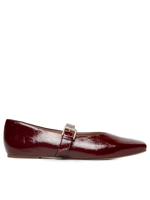 Sapatilha Feminina Em Couro Croco Com Fivela - Vermelho